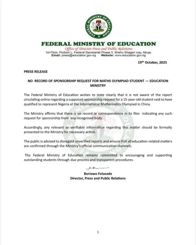 FG denies claims of sponsorship request for Maths olympiad student