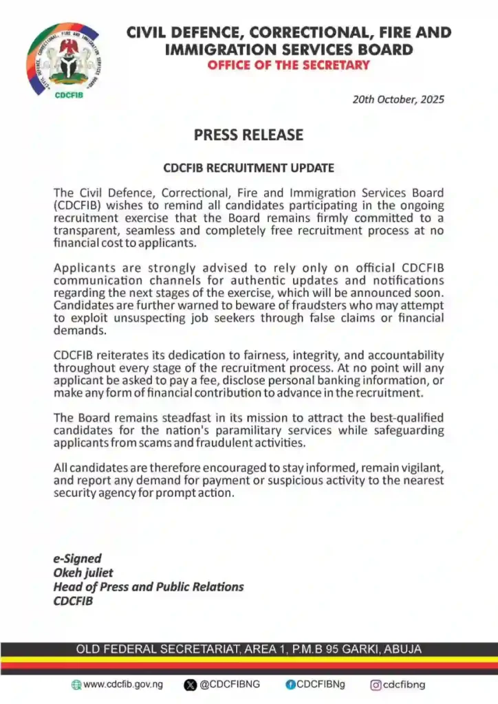 CDCFIB speaks on next stages of recruitment, cautions gainst fraudsters