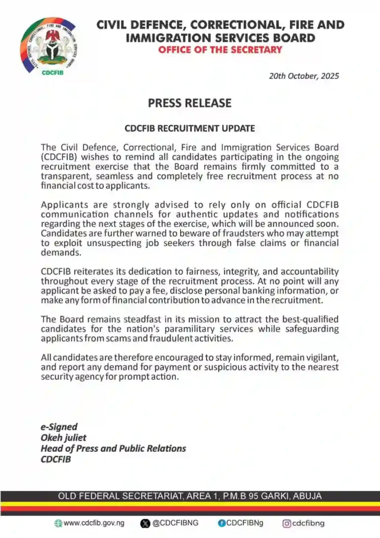 CDCFIB speaks on next stages of recruitment, cautions gainst fraudsters