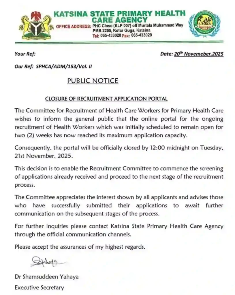 Katsina primary health care closes recruitment portal after maximum applications