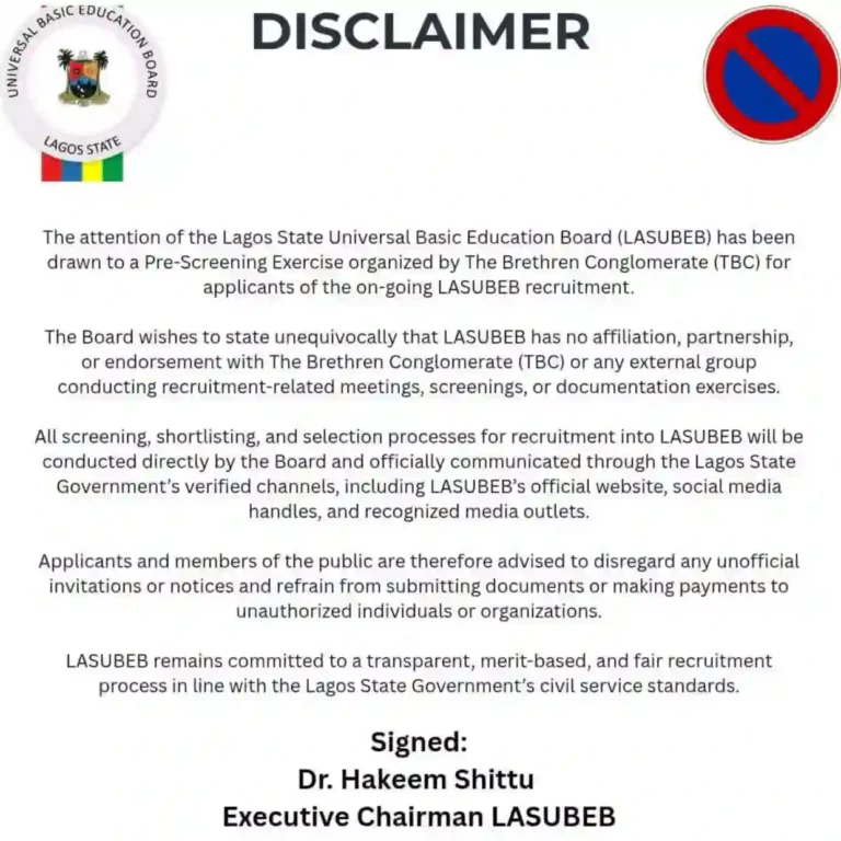 Lagos SUBEB disowns recruitment screening by brethren conglomerate