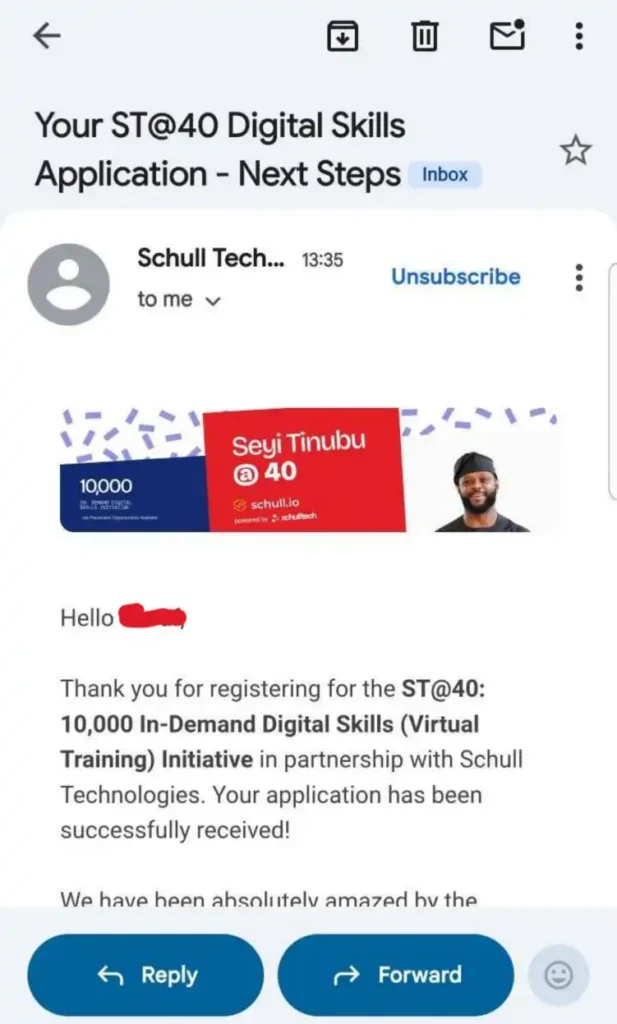 Seyi Tinubu @40 digital skills initiative sends screening form email to applicants