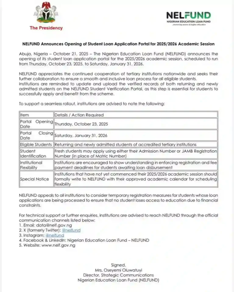 NELFUND opens student loan application portal for 2025/2026 session