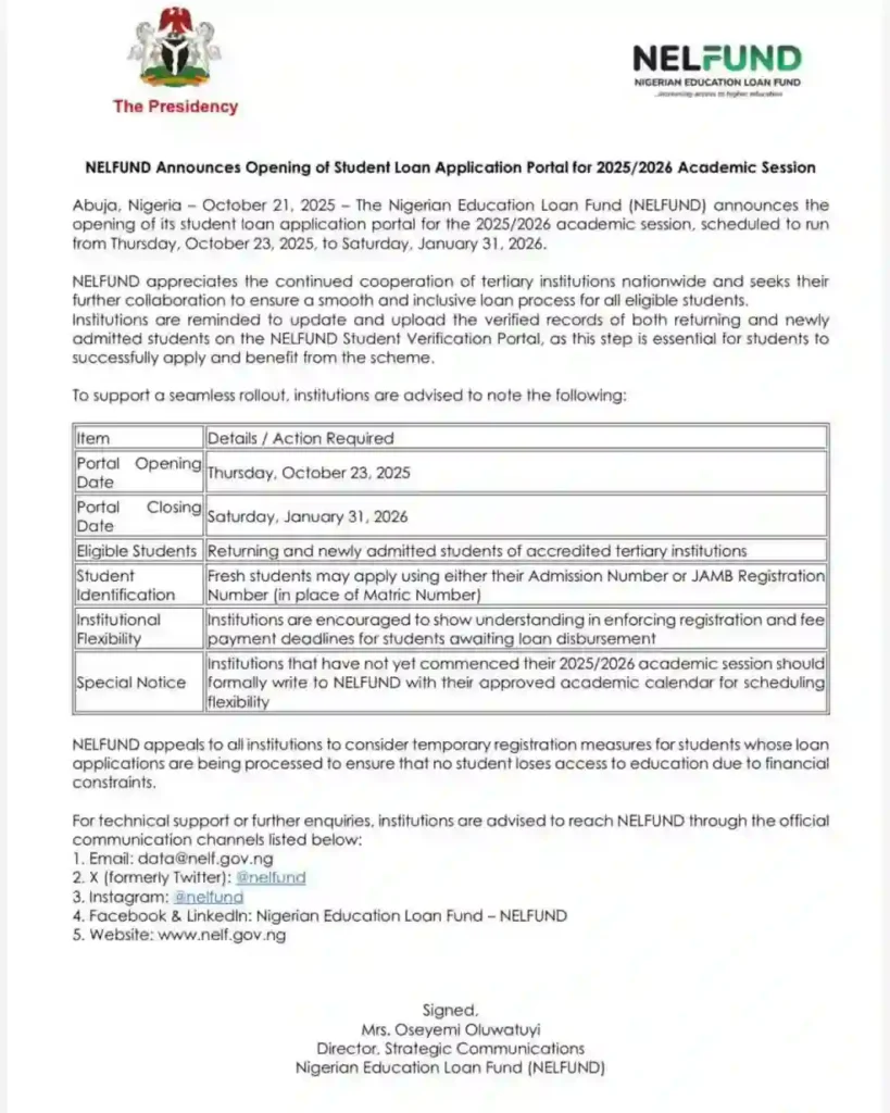 NELFUND opens student loan application portal for 2025/2026 session