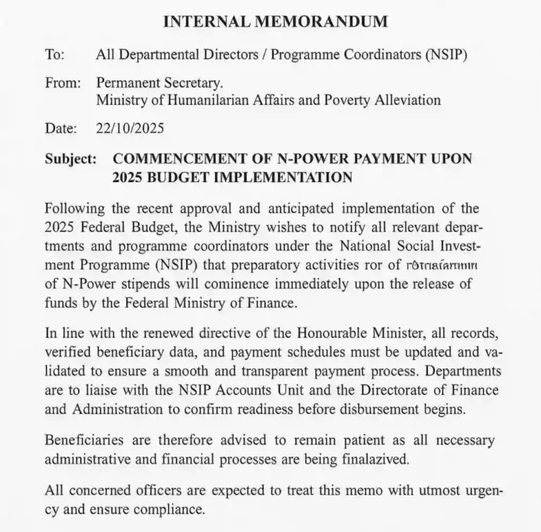 Circulating memo claims NPower stipend payment will begin