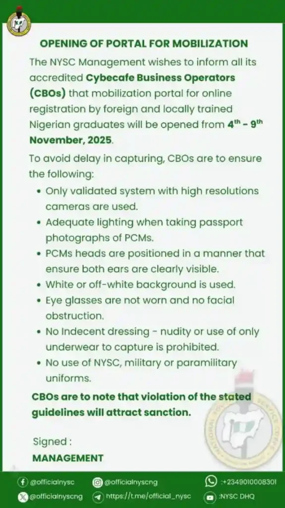 NYSC tells cybercafe operators what to do before mobilization portal opens