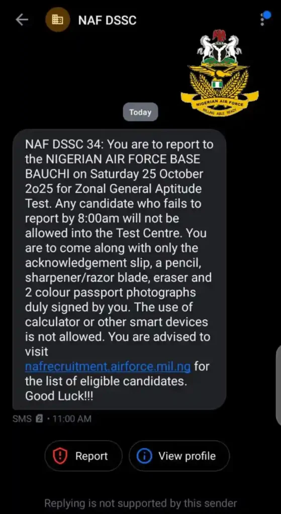 NAF sends aptitude test details via SMS to dssc 34/2025 candidates