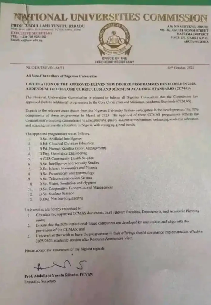 Circular claims NUC approves 13 new university degree programmes