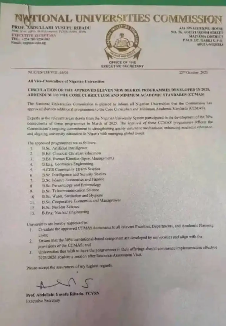 Circular claims NUC approves 13 new university degree programmes
