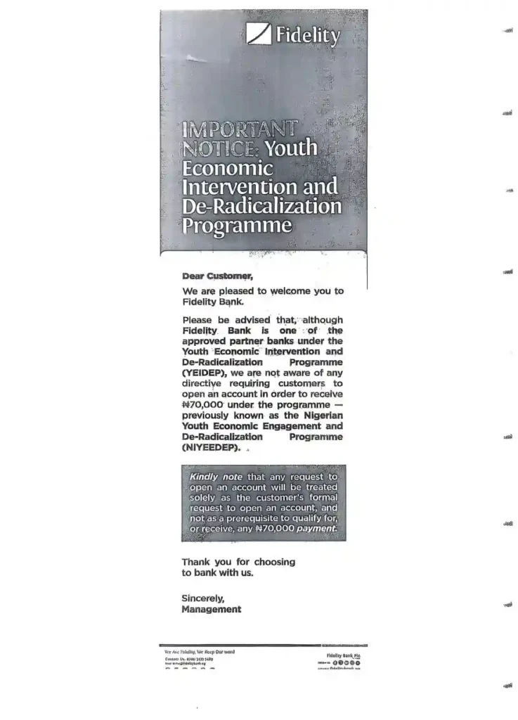 Claims Fidelity denies N70,000 YEIDEP payment as applicants crowd banks