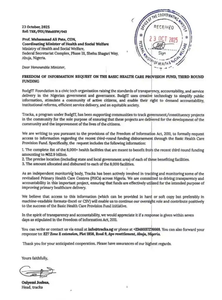 BudgIT demands full disclosure on FG’s N32.9bn health fund disbursement