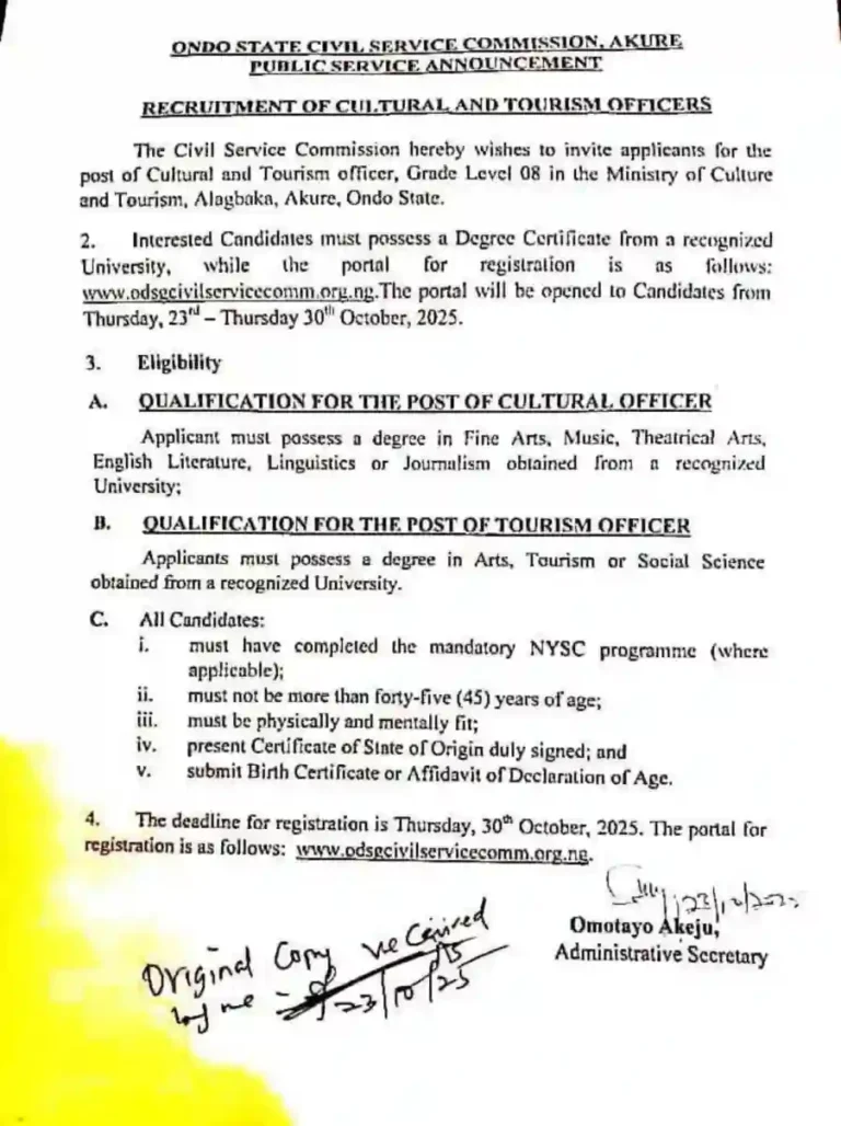 Ondo civil service begins recruitment for cultural, tourism officers