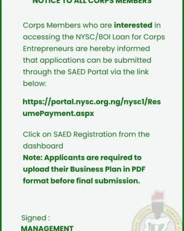 NYSC notifies corps members to apply for BOI loan via SAED portal