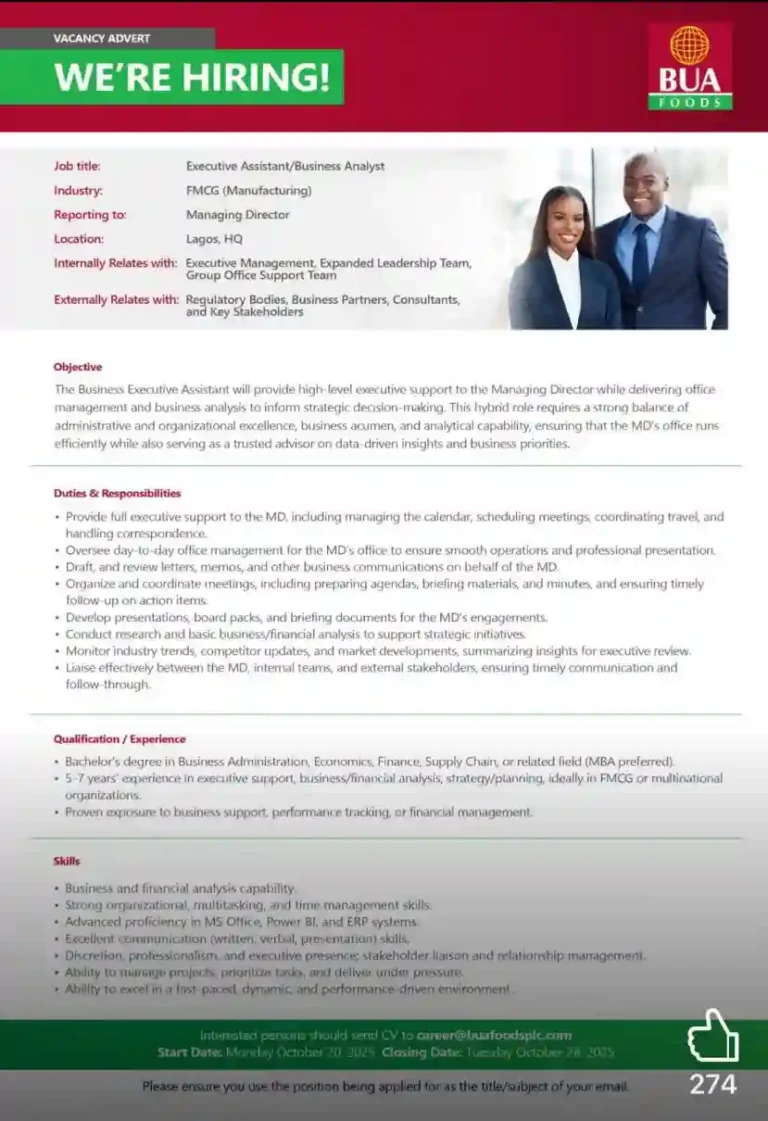 BUA Foods opens recruitment for executive assistant, business analyst