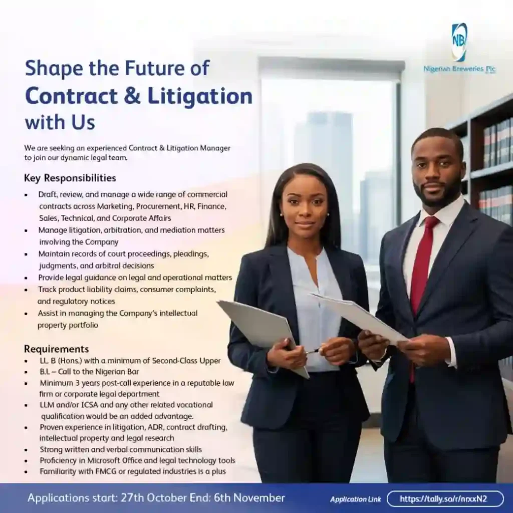 Nigerian Breweries opens vacancy for contract, litigation manager