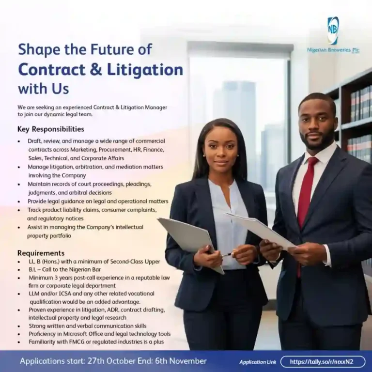 Nigerian Breweries opens vacancy for contract, litigation manager