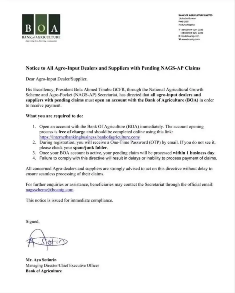 Bank of agriculture (BOA) opens farmers account portal for payment