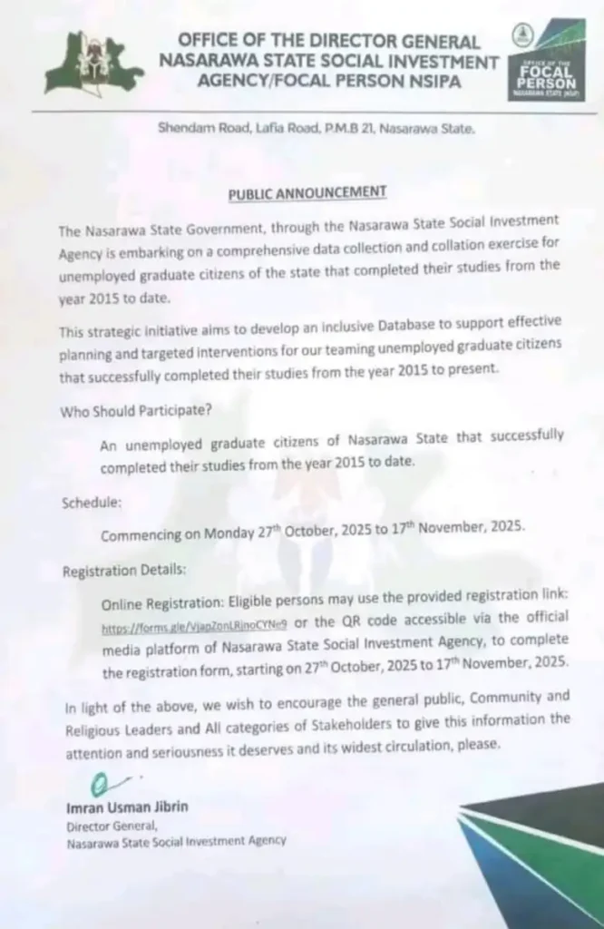 Nasarawa begins registration for unemployed graduates 2015–2025