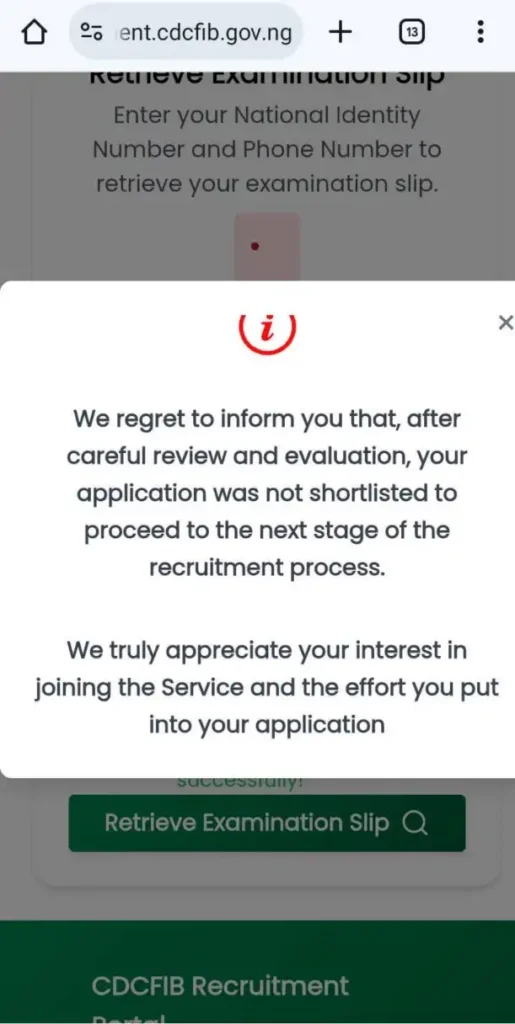 Many CDCFIB applicants receive “Not Shortlisted” message