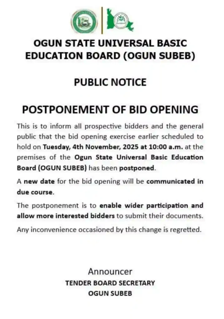 Ogun SUBEB postpones Bid Opening till further notice