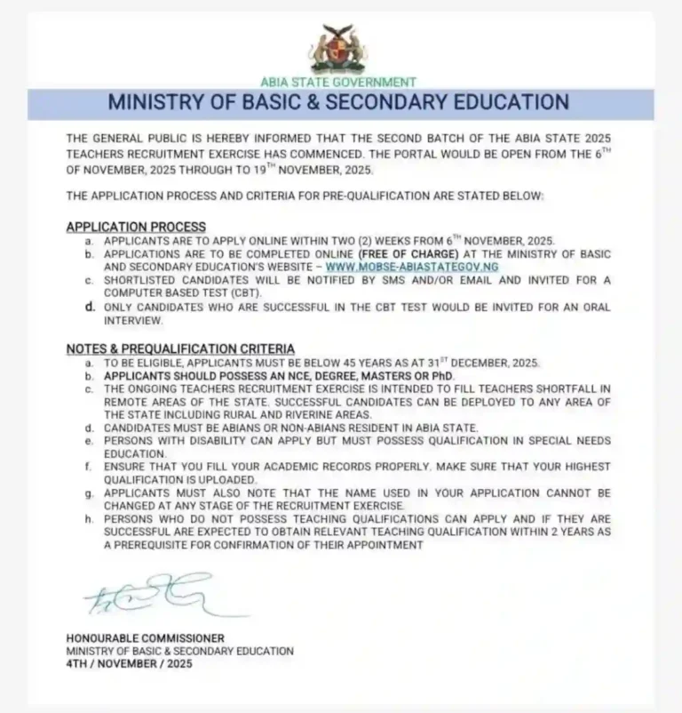 Abia State begins second batch 2025 teachers recruitment