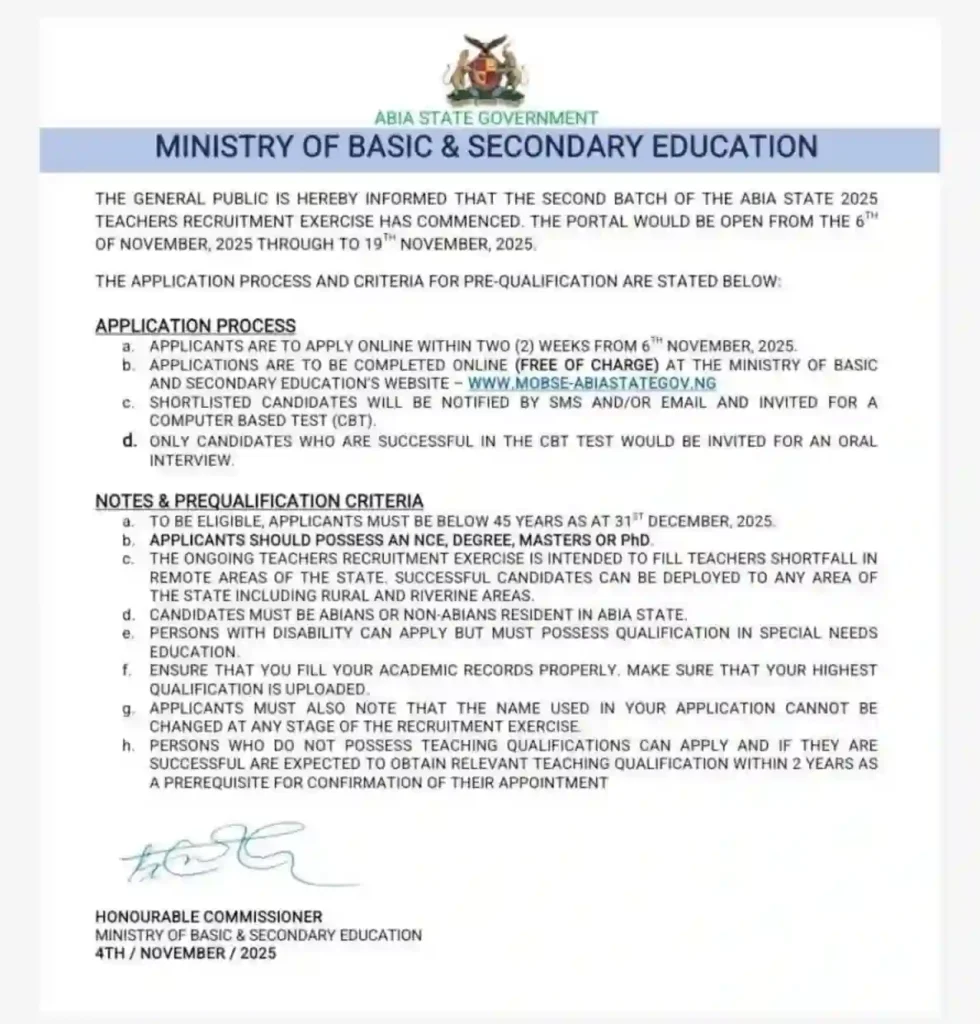 Abia State begins second batch 2025 teachers recruitment