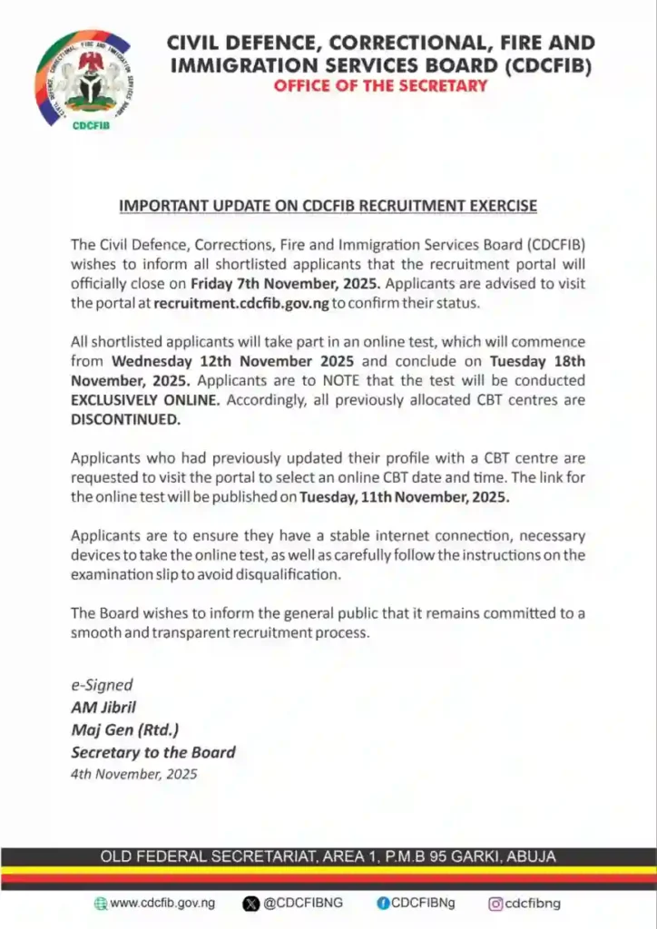 CDCFIB to hold online CBT for all candidates, close portal for 2025