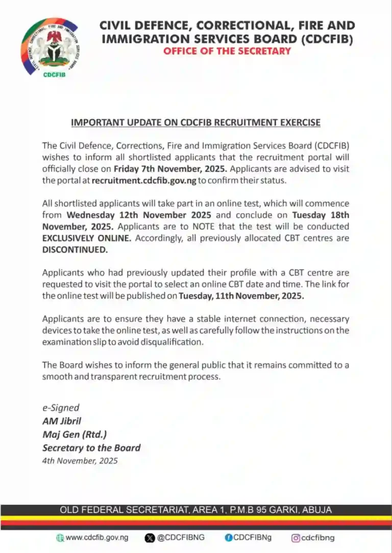 CDCFIB to hold online CBT for all candidates, close portal for 2025