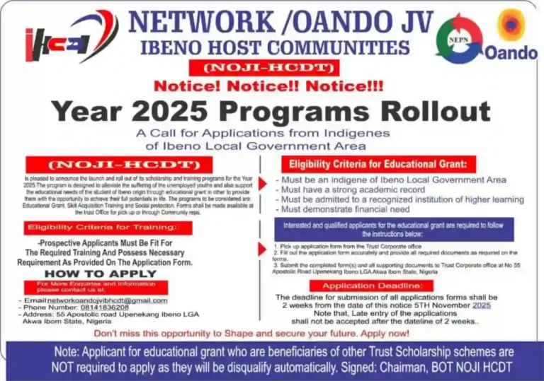 Oando JV Ibeno Trust opens 2025 scholarship and training application