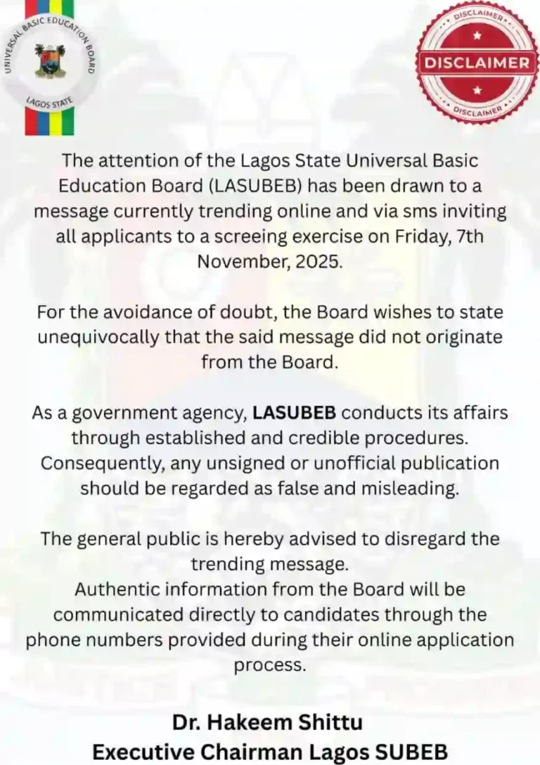 Lagos SUBEB denies claims inviting applicants for screening