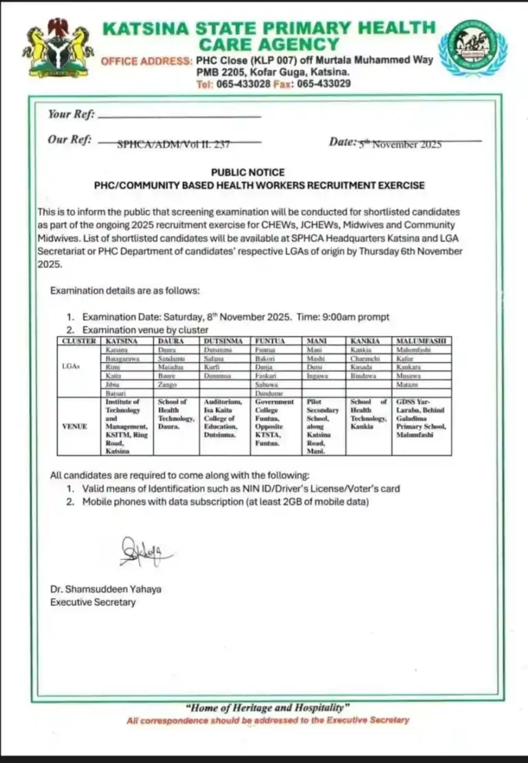 Katsina State PHC releases shortlisted candidates, exam date and venue