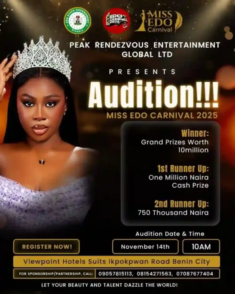 Miss Edo Carnival 2025 Audition holds November 14 in Benin City