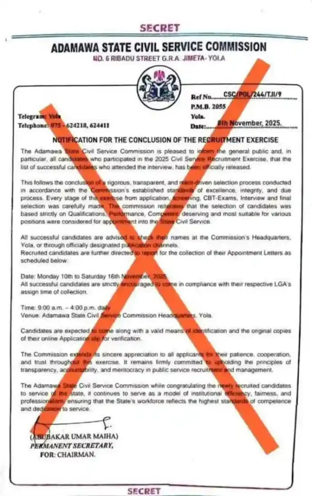 Adamawa State civil service denies recruitment claims