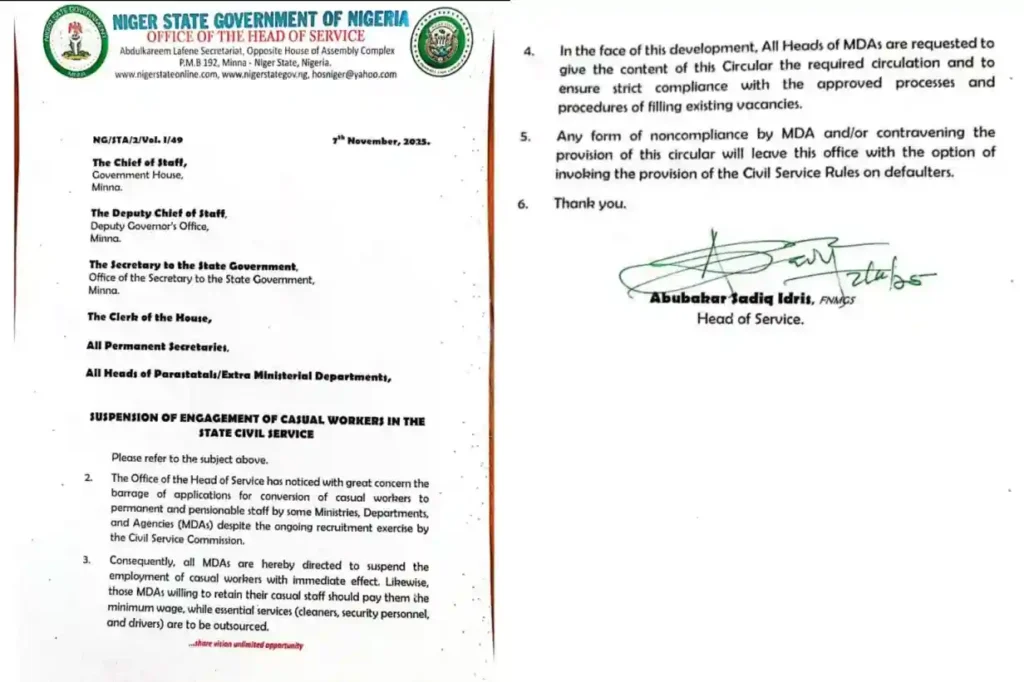 Niger State suspends employment of Casual Workers