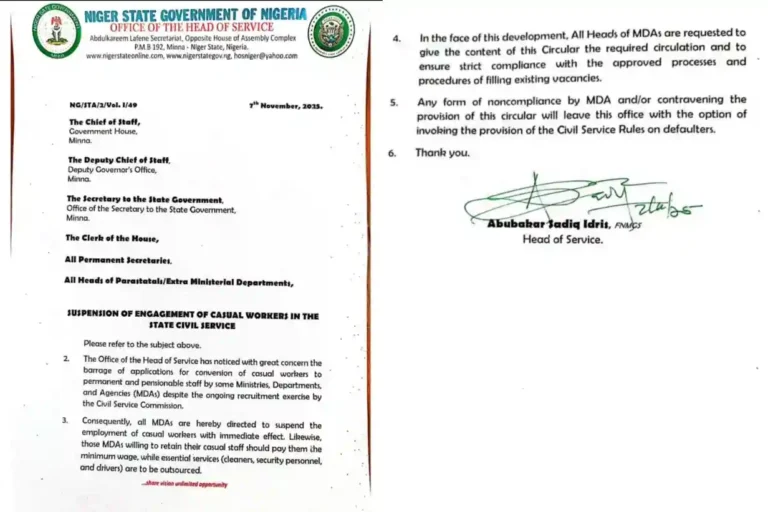 Niger State suspends employment of Casual Workers