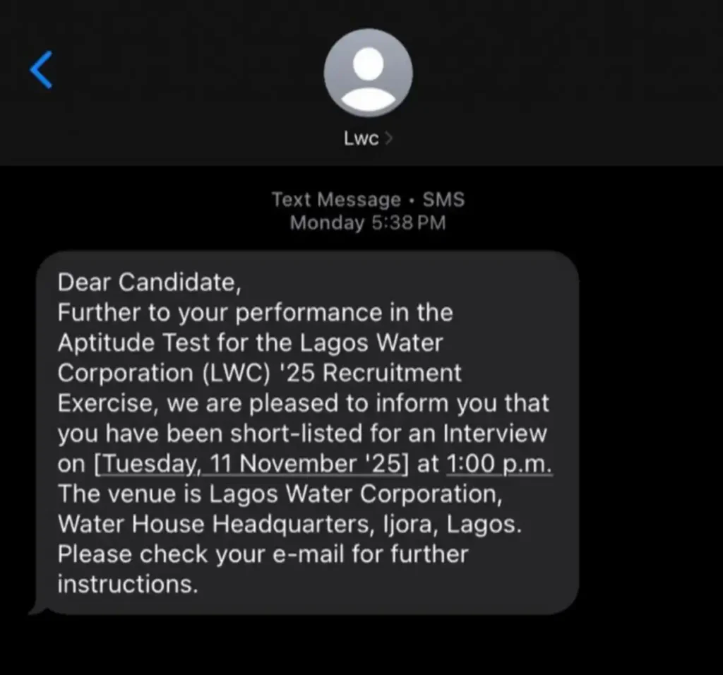 Lagos Water Corporation sends interview SMS to shortlisted applicants