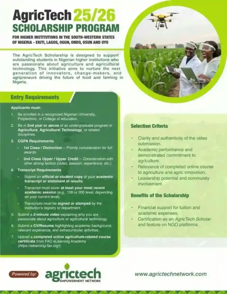 AgriTech undergraduate scholarship 2025/26 opens for Nigerian students