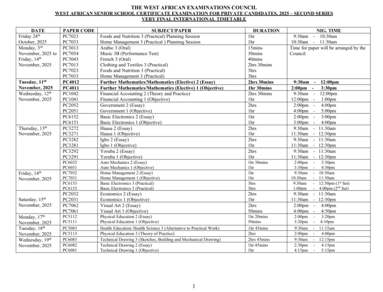 Pictures: WAEC final 2025 WASSCE timetable for private candidates