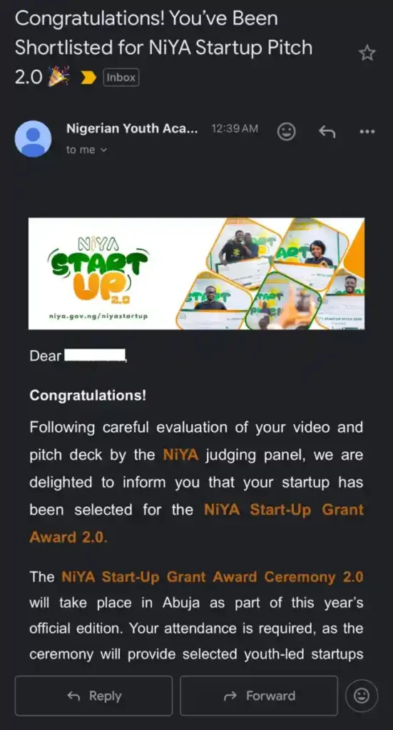 NiYA Startup Pitch 2.0 Emails Shortlisted Applicants for N100m Grant