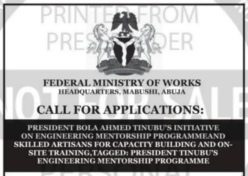 Apply: Federal Ministry of Works Tinubu Engineering Mentorship Programme