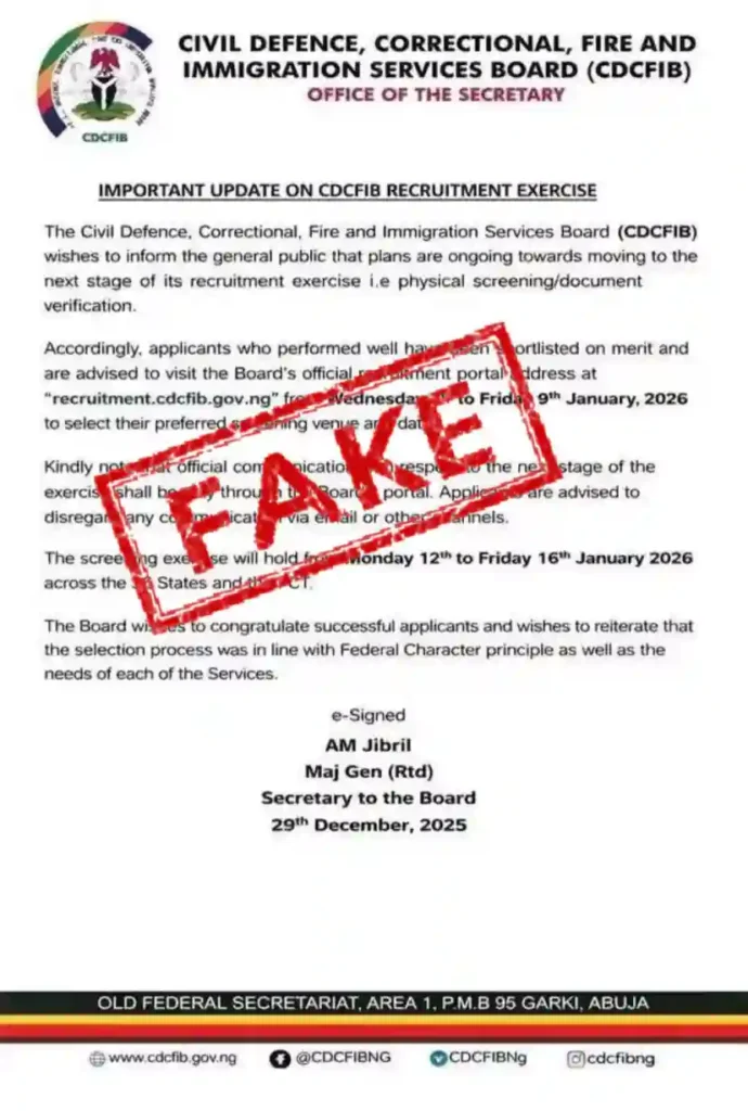 CDCFIB denies January 2026 screening claims for shortlisted candidates