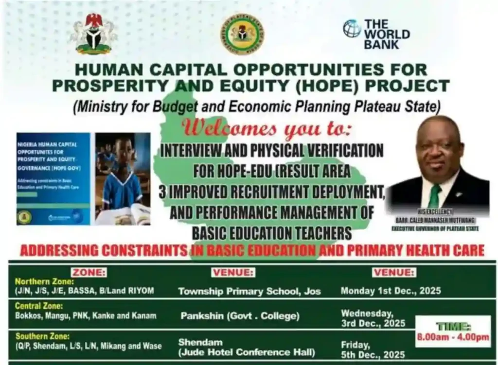 Plateau SUBEB HOPE Project: Interview Dates for Shortlisted Candidates