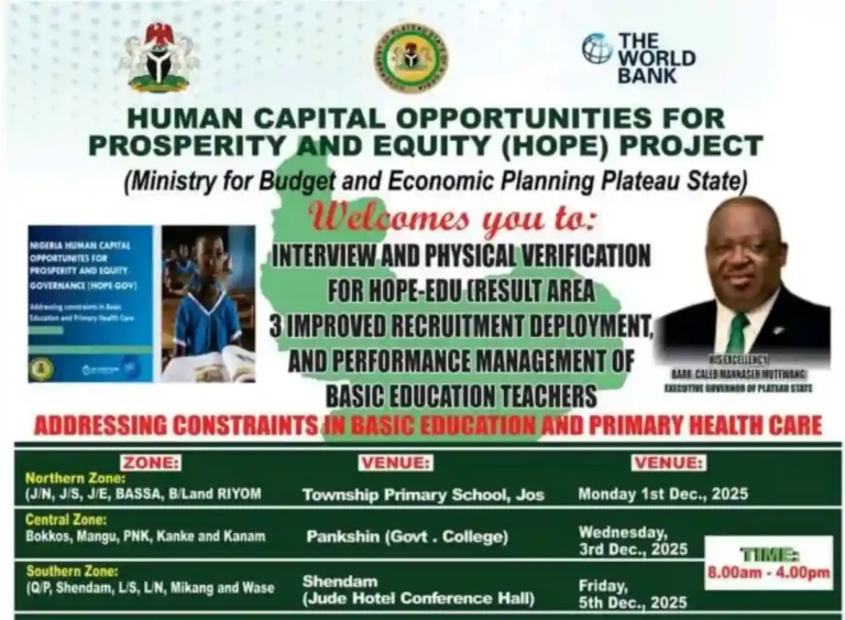 Plateau SUBEB HOPE Project: Interview Dates for Shortlisted Candidates