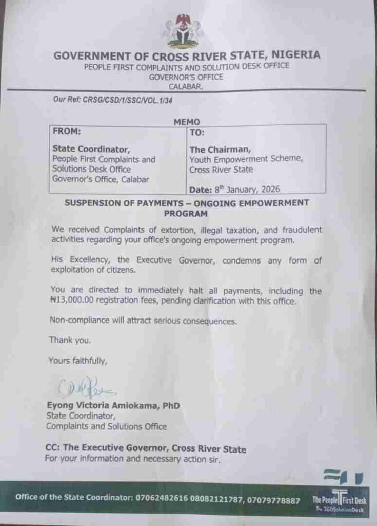 C’ River Govt Suspends Payments on ₦5m Youth Loan Scheme