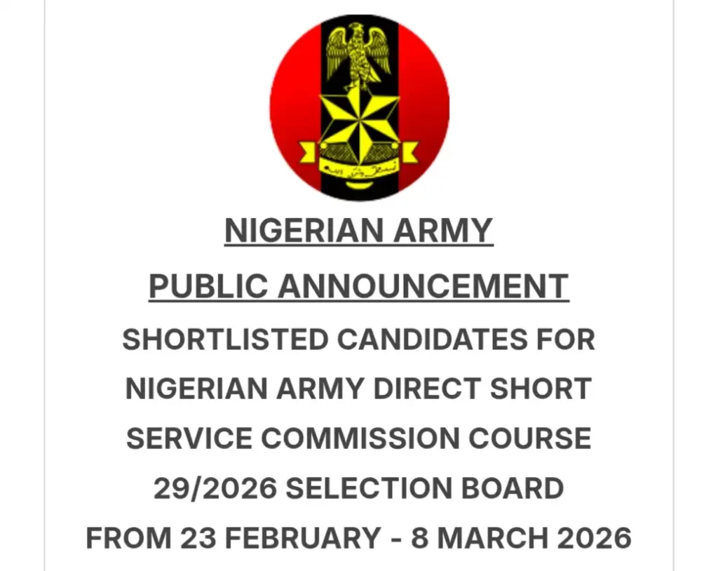Nigerian Army list of shortlisted candidates for DSSC 29/2026