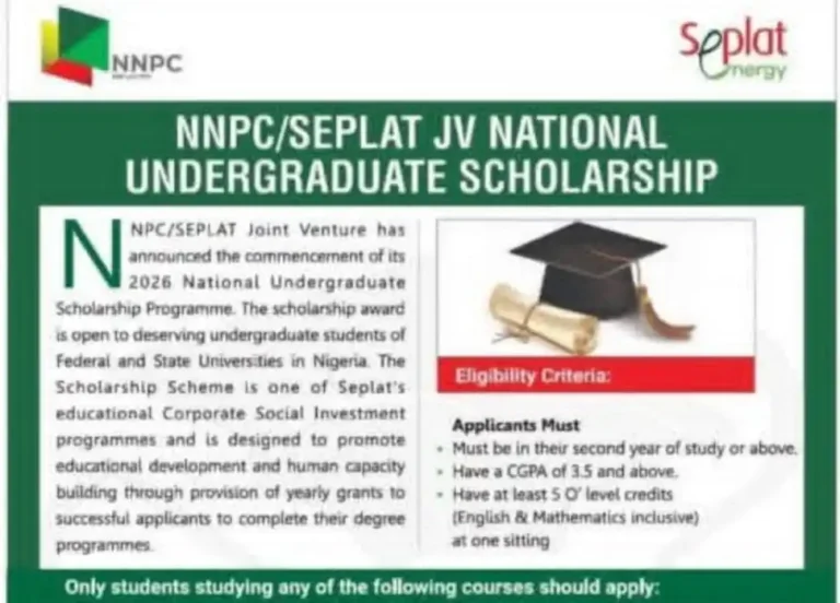 NNPC/SEPLAT JV Opens 2026 Undergraduate Scholarship