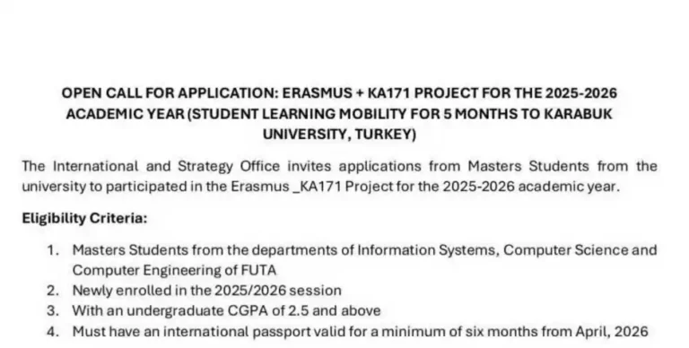 FUTA Erasmus+ KA171 2025/2026 mobility to Karabuk University opens