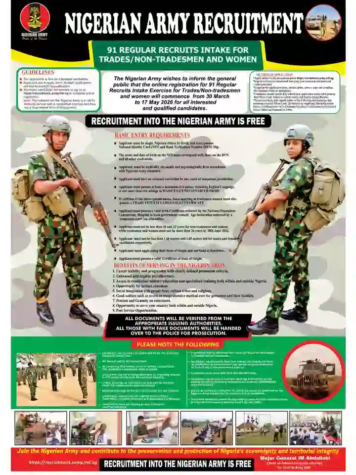 Nigerian Army to Open Recruitment Portal for 91 Regular Recruits Intake