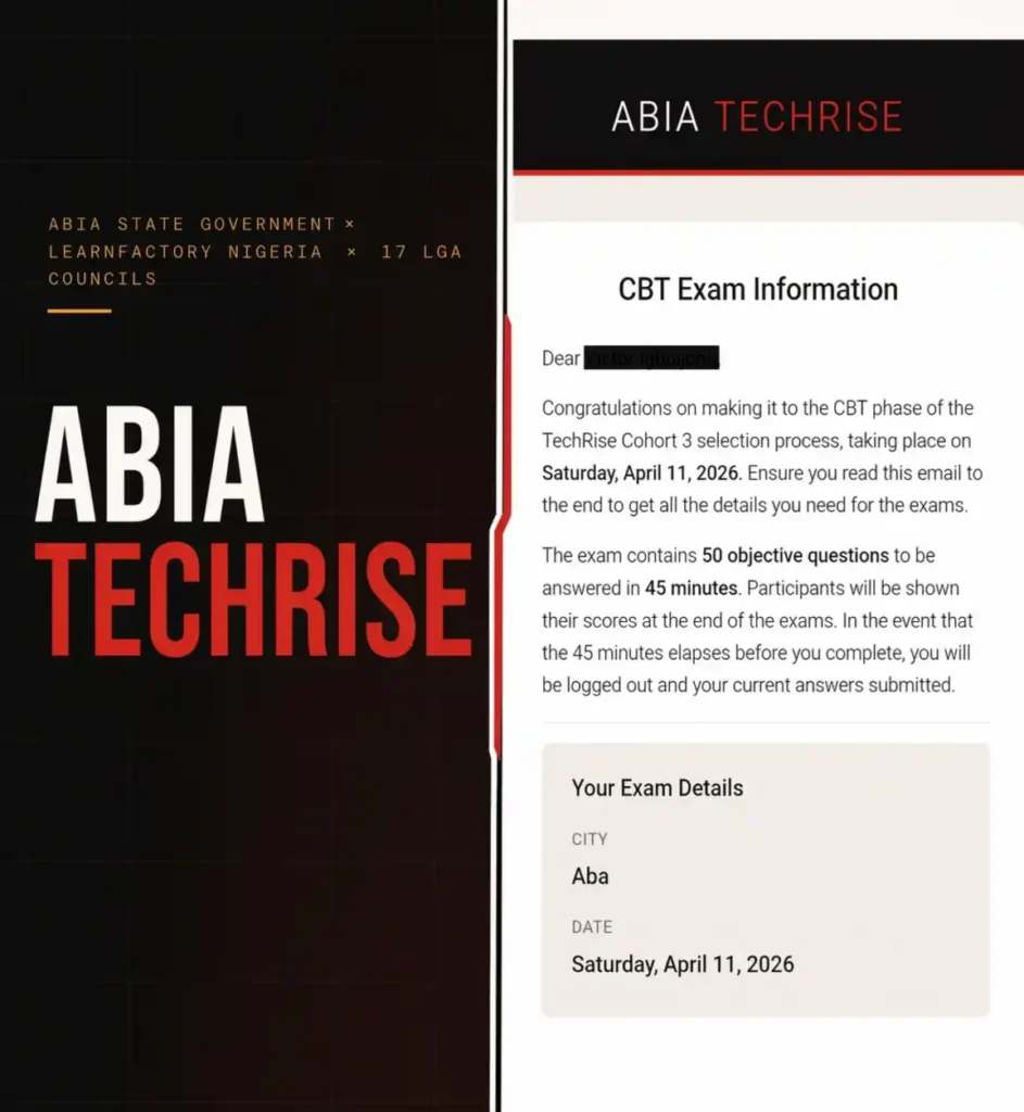 Abia TechRise Cohort 3: Candidates to check emails for CBT exam details