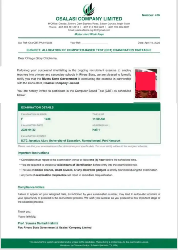 Rivers State Teachers Recruitment CBT Exam Date and Centres Sent to Applicants via Email